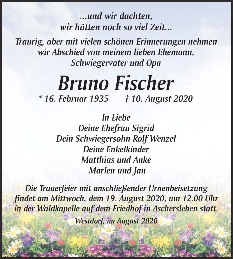  Traueranzeige für Bruno Fischer vom 15.08.2020 aus Super Sonntag Aschersleben