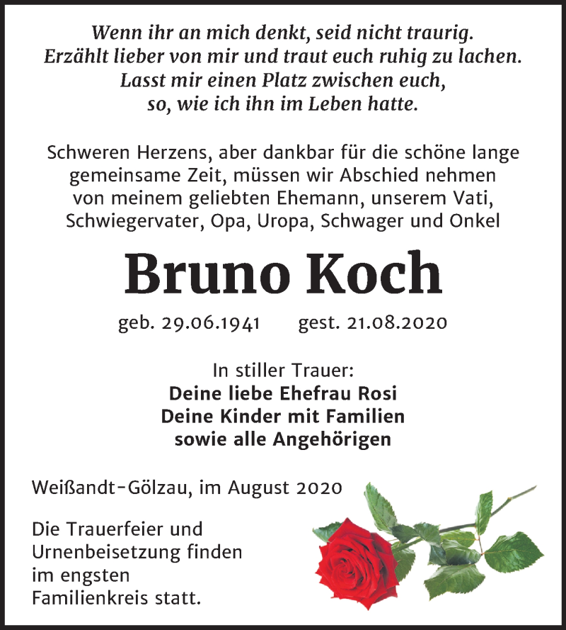  Traueranzeige für Bruno Koch vom 29.08.2020 aus Super Sonntag Köthen
