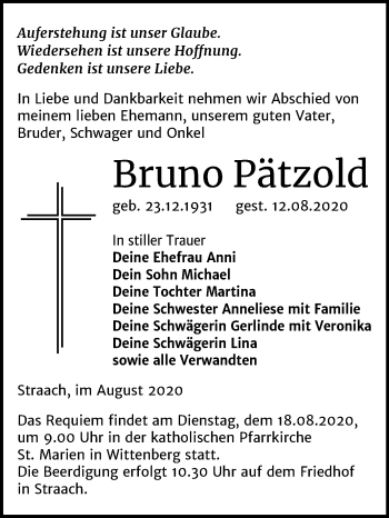 Traueranzeige von Bruno Pätzold von Mitteldeutsche Zeitung Wittenberg