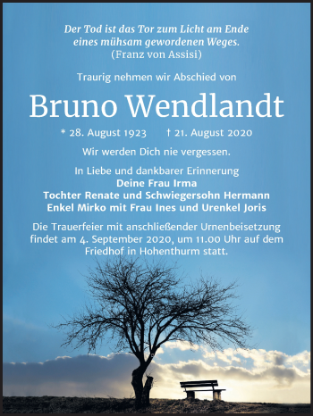 Traueranzeige von Bruno Wendlandt von Mitteldeutsche Zeitung Halle/Saalkreis