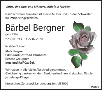 Traueranzeige von Bärbel Bergner von Mitteldeutsche Zeitung Zeitz