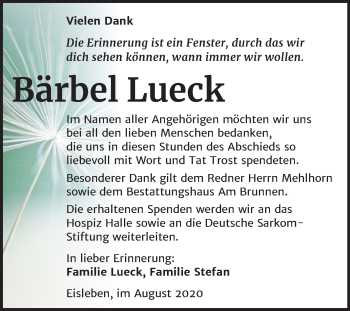 Traueranzeige von Bärbel Lueck von Mitteldeutsche Zeitung Mansfelder Land