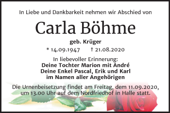 Traueranzeige von Carla Böhme von Super Sonntag Wittenberg