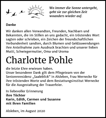 Traueranzeige von Charlotte Pohle von Mitteldeutsche Zeitung Bernburg