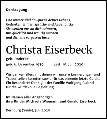Traueranzeige von Christa Eiserbeck von Mitteldeutsche Zeitung Bernburg