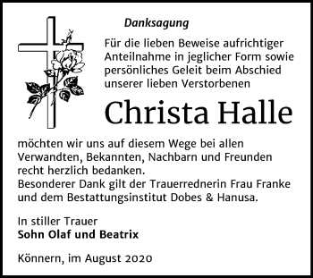 Traueranzeige von Christa Halle von Mitteldeutsche Zeitung Bernburg