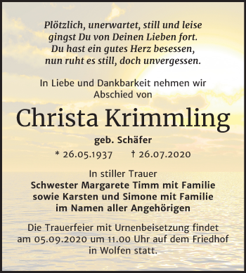 Traueranzeige von Christa Krimmling von Wochenspiegel Bitterfeld