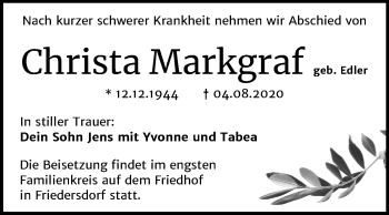 Traueranzeige von Christa Markgraf von Wochenspiegel Bitterfeld
