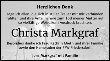 Traueranzeige von Christa Markgraf von Wochenspiegel Bitterfeld