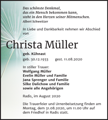 Traueranzeige von Christa Müller von Super Sonntag Wittenberg