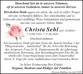 Traueranzeige von Christa Sehl von Mitteldeutsche Zeitung Dessau-Roßlau