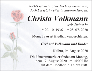 Traueranzeige von Christa Volkmann von Super Sonntag Sangerhausen