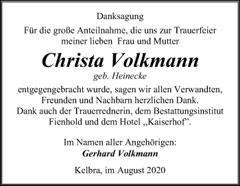 Traueranzeige von Christa Volkmann von Mitteldeutsche Zeitung Sangerhausen