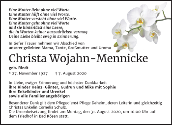 Traueranzeige von Christa Wojahn-Mennicke von Wochenspiegel Naumburg/Nebra
