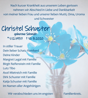 Traueranzeige von Christel Schuster von Mitteldeutsche Zeitung Naumburg/Nebra