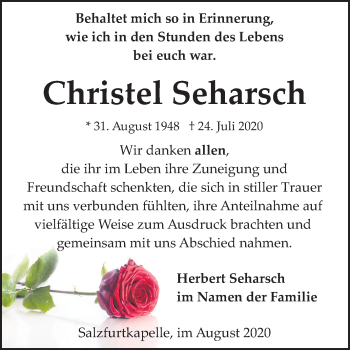 Traueranzeige von Christel Seharsch von Mitteldeutsche Zeitung Bitterfeld