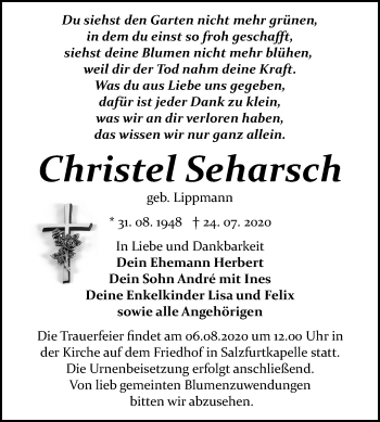 Traueranzeige von Christel Seharsch von Mitteldeutsche Zeitung Bitterfeld