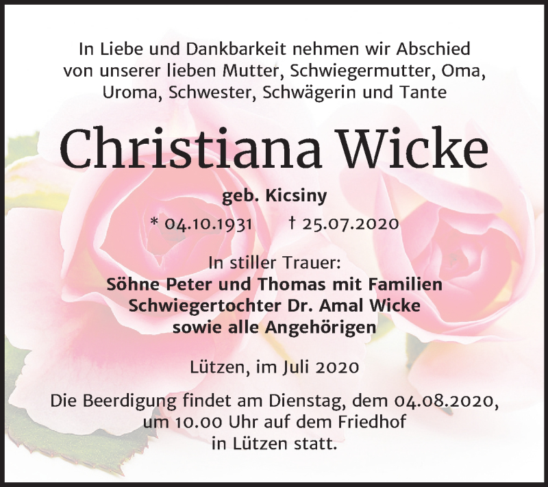  Traueranzeige für Christiana Wicke vom 01.08.2020 aus Mitteldeutsche Zeitung Weißenfels