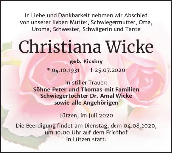 Traueranzeige von Christiana Wicke von Mitteldeutsche Zeitung Weißenfels