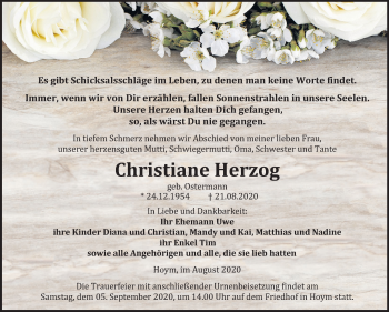 Traueranzeige von Christiane Herzog von Mitteldeutsche Zeitung Aschersleben