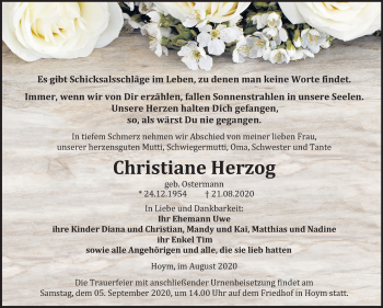 Traueranzeige von Christiane Herzog von Super Sonntag Aschersleben