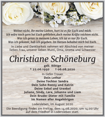 Traueranzeige von Christiane Schöneburg von Mitteldeutsche Zeitung Merseburg/Querfurt