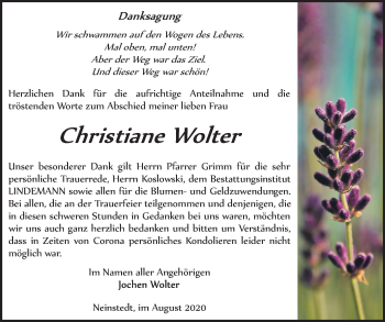Traueranzeige von Christiane Wolter von Mitteldeutsche Zeitung Quedlinburg