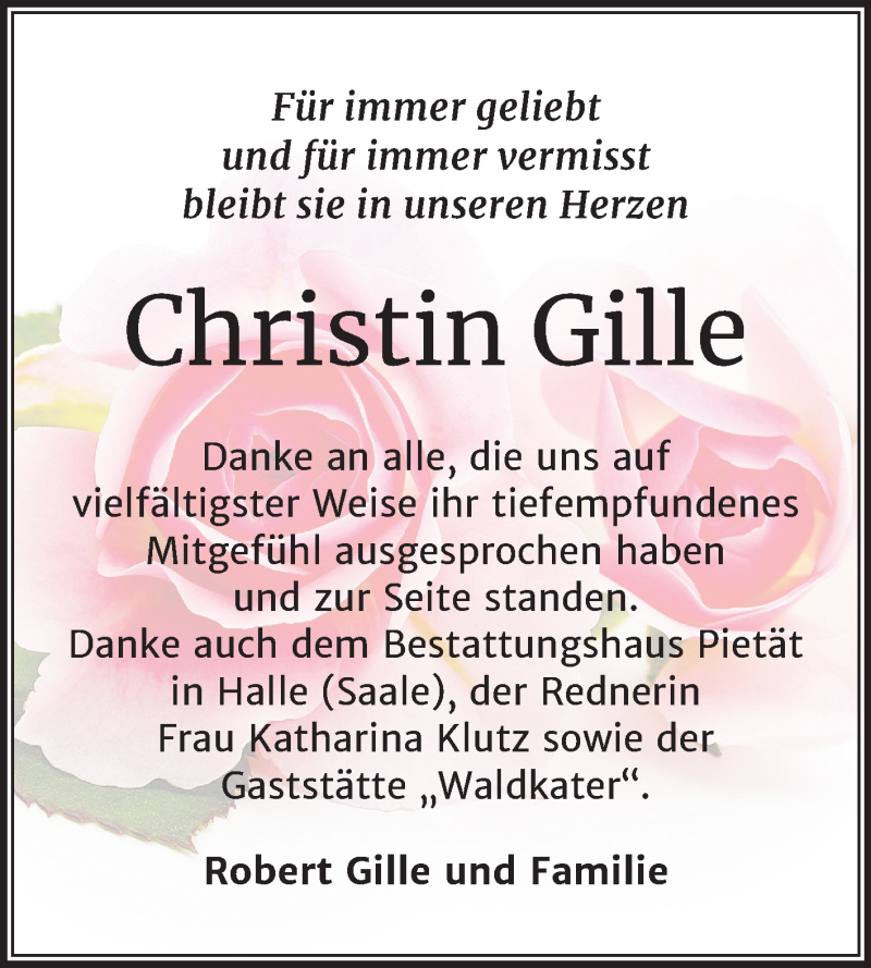  Traueranzeige für Christin Gille vom 08.08.2020 aus Mitteldeutsche Zeitung Halle/Saalkreis