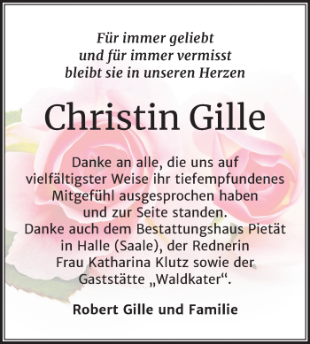 Traueranzeige von Christin Gille von Mitteldeutsche Zeitung Halle/Saalkreis