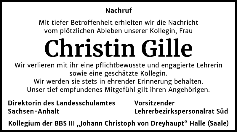  Traueranzeige für Christin Gille vom 01.08.2020 aus Mitteldeutsche Zeitung Halle/Saalkreis