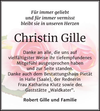 Traueranzeige von Christin Gille von Super Sonntag Aschersleben
