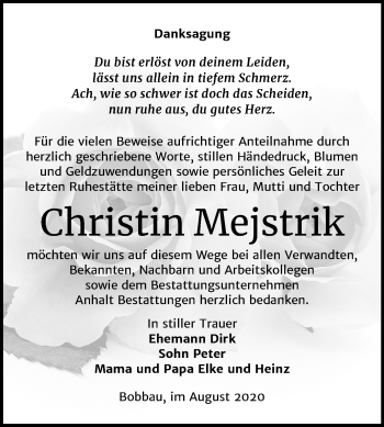 Traueranzeige von Christin Mejstrik von Mitteldeutsche Zeitung Bitterfeld