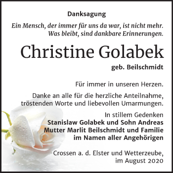 Traueranzeige von Christine Golabek von Super Sonntag Zeitz