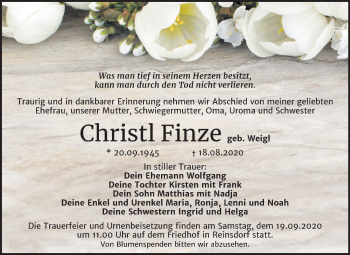 Traueranzeige von Christl Finze von Super Sonntag Köthen