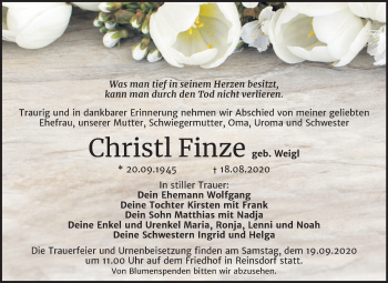 Traueranzeige von Christl Finze von Mitteldeutsche Zeitung Köthen