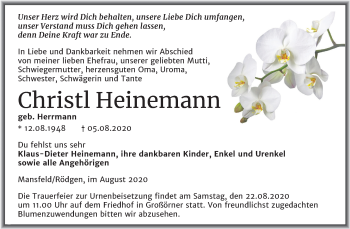 Traueranzeige von Christl Heinemann von Mitteldeutsche Zeitung Mansfelder Land