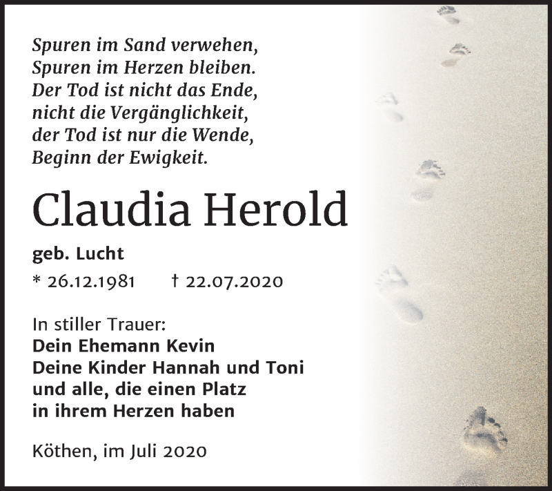  Traueranzeige für Claudia Herold vom 08.08.2020 aus Super Sonntag Köthen