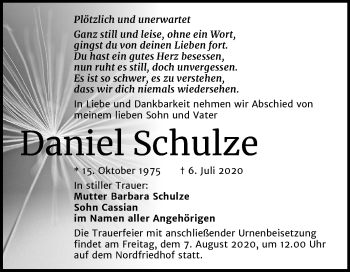 Traueranzeige von Daniel Schulze von Mitteldeutsche Zeitung Halle/Saalkreis