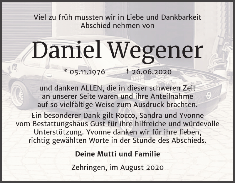  Traueranzeige für Daniel Wegener vom 01.08.2020 aus Mitteldeutsche Zeitung Köthen
