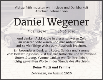Traueranzeige von Daniel Wegener von Super Sonntag Köthen