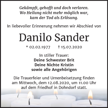 Traueranzeige von Danilo Sander von Super Sonntag Köthen