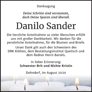 Traueranzeige von Danilo Sander von Mitteldeutsche Zeitung Köthen