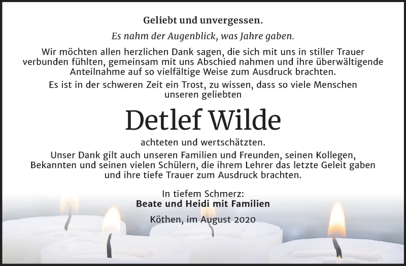  Traueranzeige für Detlef Wilde vom 22.08.2020 aus Mitteldeutsche Zeitung Köthen