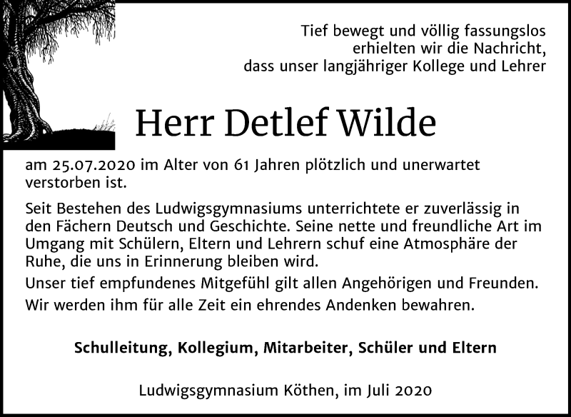  Traueranzeige für Detlef Wilde vom 01.08.2020 aus Super Sonntag Köthen