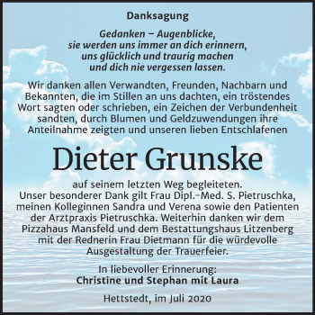 Traueranzeige von Dieter Grunske von Wochenspiegel Mansfelder Land