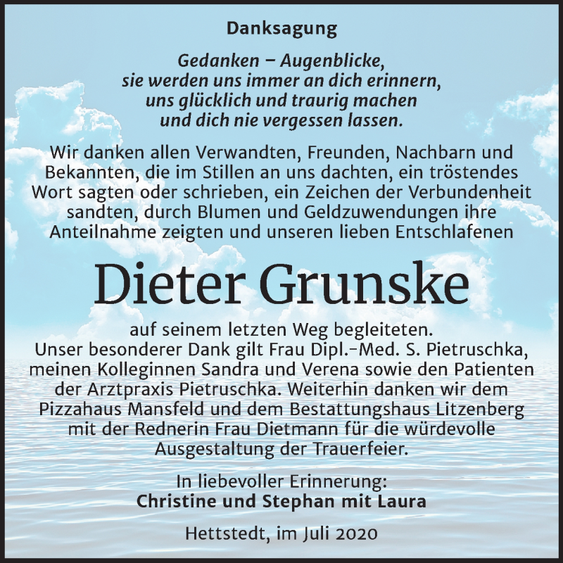  Traueranzeige für Dieter Grunske vom 05.08.2020 aus Wochenspiegel Mansfelder Land