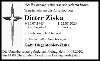 Traueranzeige von Dieter Ziska von Mitteldeutsche Zeitung Wittenberg