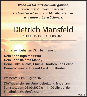 Traueranzeige von Dietrich Mansfeld von Mitteldeutsche Zeitung Weißenfels