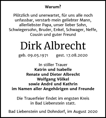 Traueranzeige von Dirk Albrecht von Mitteldeutsche Zeitung Köthen