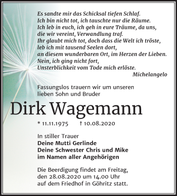 Traueranzeige von Dirk Wagemann von Wochenspiegel Merseburg/Querfurt
